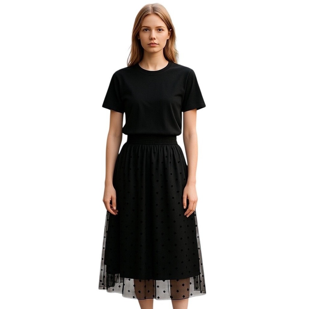 Black Polka Dot Tulle Midi Skirt Large Whimsigoth Fairy Elegant Party Wedding